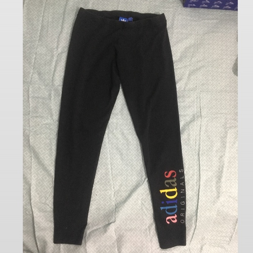 Black Adidas leggings, rainbow logo. Size Medium.